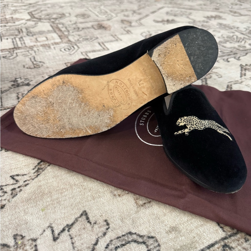 Stubbs & Wootton Black Velvet Loafers with Leopard Embroidery - Picture 4 of 4